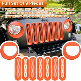 Front Grille Mesh Inserts & Headlight Cover for Jeep Wrangler JK JKU Sport Freedom Rubicon Sahara Unlimited 2007-2018 Exterior Accessories Clip-in Grille Guard Headlight Bezels Trim (Matte Orange)