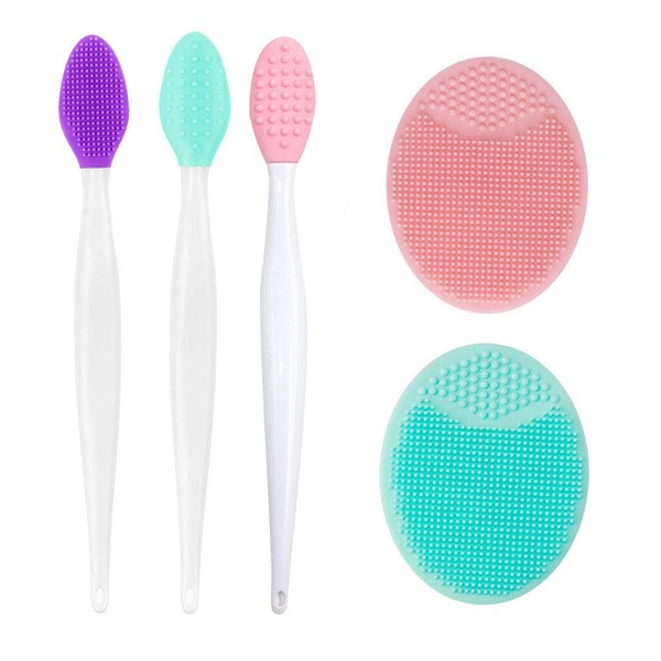 3PCS Silicone Exfoliating Lip Brush 2 in 1 Double-Sided Soft Silicone Lip Brush & and 2PCS Silicone Facial Cleaning Brushes Pad for Smoother and Fuller Lip Appearance Cleanning Blackhead