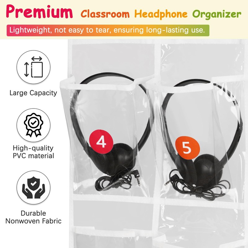 2 Pack Classroom Headphone Storage Organizer with 30 Pockets, PVC