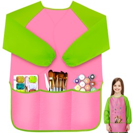 IKAYAS Kids Art Smock with Long Sleeves, Waterproof Painting Apron for Toddlers, Breathable Artist Smock with 3 Pockets, Craft Smock for Age 3-5 Years, Pink 1PCS