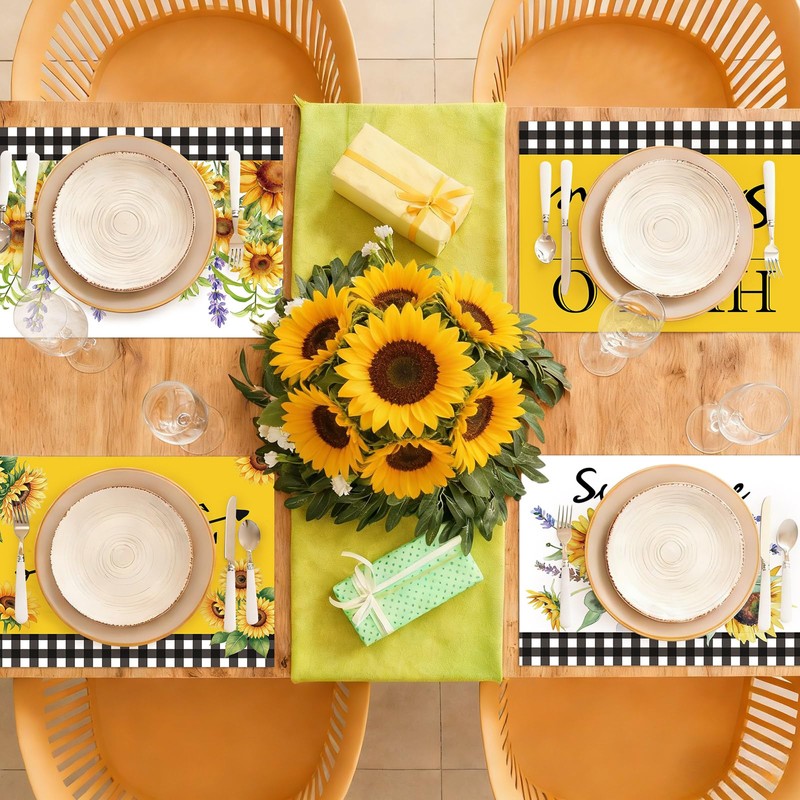 Sunflower Placemats Set of 6 Summer Table Mats Washable Square
