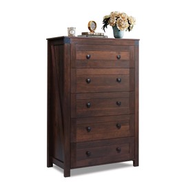 WLIVE Farmhouse 5 Drawer Dresser for Bedroom, Wood Dresser Storage Organizer, Tall Dresser with Double Rustic Handle, Chest of Drawers for Living Room, Hallway, Closet, Brown