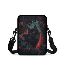 TSOVTHRID Black Cat Red Rose Green Leaf Print Men's Cross Body Bag, 2 Layer Small Messenger Bag Waist Fanny Pack Phone Pouch Handbag for Kid Girl Boy Teen College
