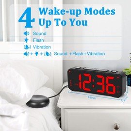Sukeen Vibrating Alarm Clock for Heavy Sleepers – Dual Alarm Clock Bedside with Loud Alarm, 6.5 Inch LED Digital Clock, 4 Dimmer/Volume/Alarm Modes/Intensity Settings-Black