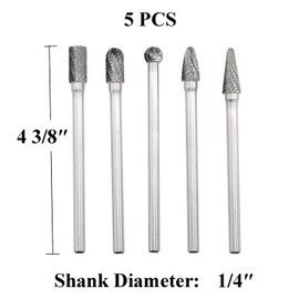 5pcs Tungsten Carbide Burrs Set with 1/4''Shank Double Cut Extended Long Solid Power Tools Carbide Rotary Files Bits for Die Grinder Metal Wood Carving Engraving Polishing Drilling Grinding Milling