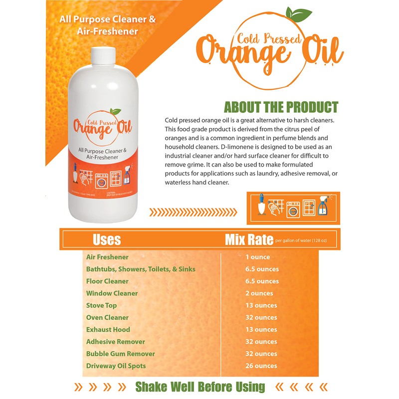 Bluewater Chemgroup Premium Cold Pressed Orange Oil- 16 oz (D-Limonene),
