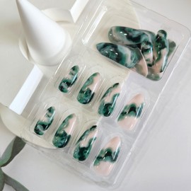 Dark Green Gradient Press on Nails Green Marble Fake Nails with Designs Glossy Green Ombre Medium Almond False Nails Curve Line Gel Glue on Nails Green Spring Stick on Nails for Women Girls