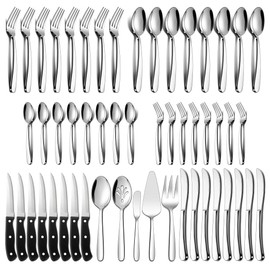 LIANYU 53-Piece Heavy Duty Silverware Set for 8, Plus Serving Utensils and Steak Knives, Stainless Steel Cutlery Flatware Set, Heavy Weight Eating Utensils for Home Wedding, Dishwasher Safe