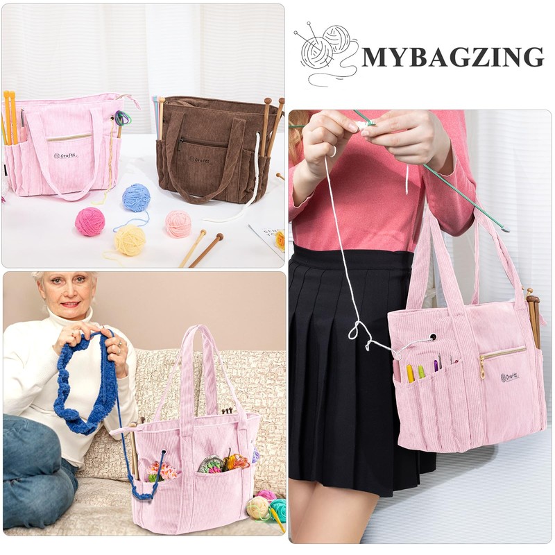 MYBAGZING Corduroy Crochet Bag 11.5" Large Yarn Storage Tote with