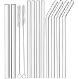 HAUNDRY 12-Pack Glass Straws Reusable Drinking Straw Including 4 Straight and 4 Bent Straws & 2 Extra Wide Smoothie Straw with 2 Cleaning Brushes