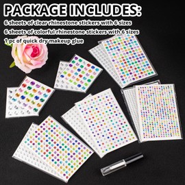 1982 Pcs of Rhinestone Stickers 3/4/5/6/8/10mm Clear+Colorful Self Adhesive Face Gems, Stick on Body Crystal Jewels with Quick Dry Makeup Glue For Face Eye Hair Nails Make up and Craft DIY Decorations