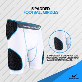 WEARCOG Adult Football Girdle for Men's | 5 Padded Integrated Football Pads with Hip, Tail, Thigh Pads and Cup Pocket | White Small Size