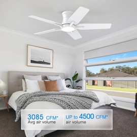 POCHFAN 42 Inch White Ceiling Fans with Lights and Remote, Flush Mount Low Profile Ceiling Fan for Bedroom, Living Room, Patio, Dimmable 6 Speeds Noiseless Reversible, ETL Listed