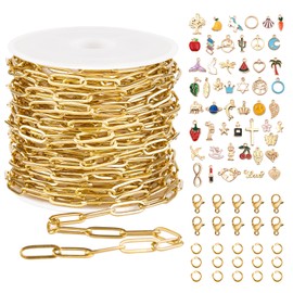 GTVOODX Necklace Chains for Jewelry Making, 16.4 Feet Paperclip Stainless Steel Gold Filled Chain Bulk Jewelry Making Supplies with Charm Pendants Jump Rings Lobster Clasps