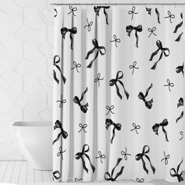 Mocsicka Bow Shower Curtain Cute Coquette Bow Shower Curtains for Bathroom Modern Aesthetic Frabic Shower Curtain Set with Hooks 71x71 Inch (Black, 71x71 inch)