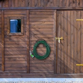 Relaxdays Hose Pipe Holder, for 45 m 5/8" Hosepipe, Wall-Mounted Hanger, 18.5 x 30.5 x 12.5 cm, Semicircle, Steel, Black