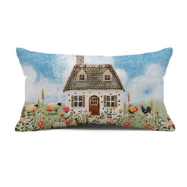 Vintage Farmhouse House Lumbar Pillow Cover 12x20 Inch, Retro Farm Animals Rooster Sheep with Spring Floral, Throw Pillow for Sofa Couch