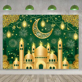 Eid Backdrop for Photography Muslim Party Decorations Background Green Gold Happy Eid Mubarak Banner for Home Muslim Ramadan Party Supplies Background (8x6FT: 96x72 inch)