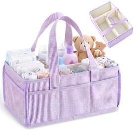 Huhumy Baby Diaper Caddy, Stripe Diaper Caddy Storage Organizer, Stylish Large Tote Bag for Newborn Essentials Nursery Storage Boy or Girl Baby Shower Registry Must-Have (Purple, Seersucker)