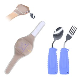 Ehucon Adaptive Utensils with Universal Elastic Utensil Holder Cuff Set,Eating Utensils Easy Grip for Hand Tremors,Parkinsons or Disabled (Purple, Left Fork and Spoon and a Universal Cuff Set)