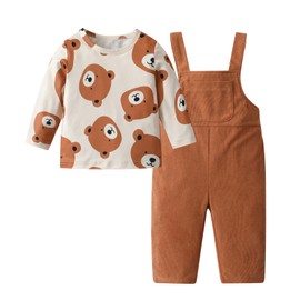 Zoputey Baby Boy Clothes Long Sleeve little Bear Pattern Print Top + Suspender Pants Outfit Set, Orange, 6-9 Months