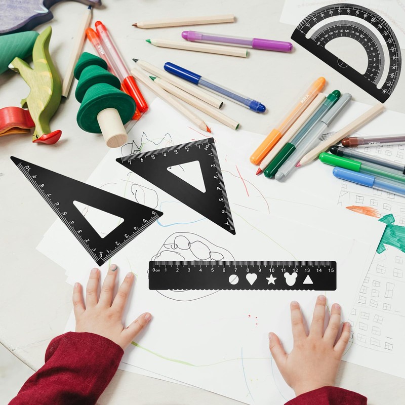 8Pcs Black & Green Maths Protractor Set, Triangle Rulers Metal