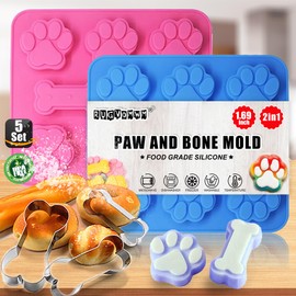 2 in 1 Silicone Molds，2 Pack Silicone Puppy Paw Print & Dog Bone Shaped Molds ，with 3 Packs Stainless Steel Bone Cookie Cutter-Blue&Pink-Set of 5
