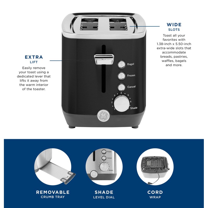 GE 2 Slice Black Stainless Steel Toaster, Extra Wide Slots