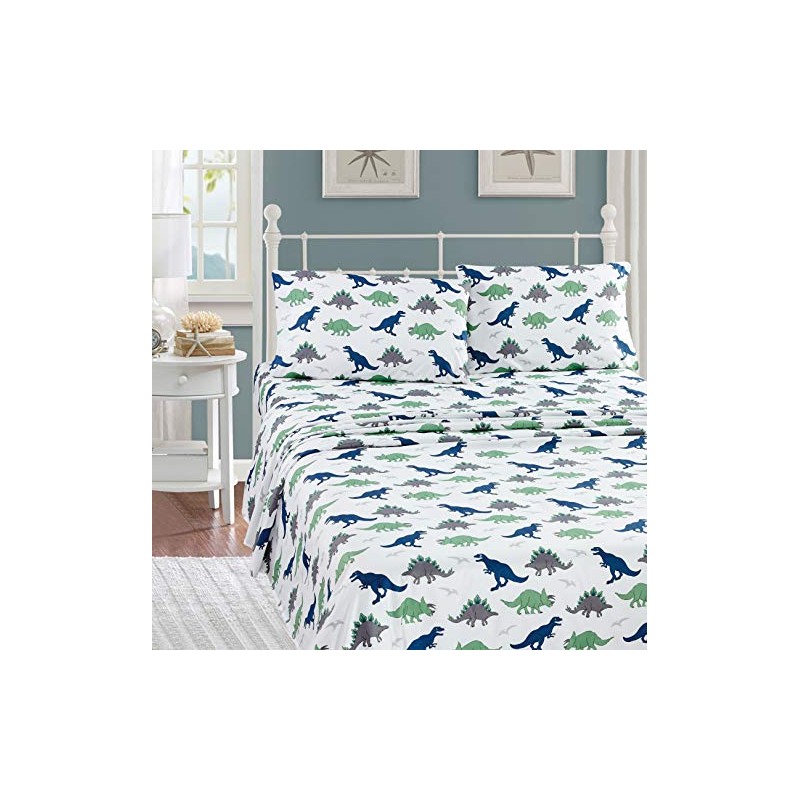 Linen Plus Sheet Set Kids/Teens Ancient Dinosaurs Green Blue Grey