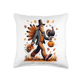 Bigfoot Pilgrim Turkey Pumpkin Thanksgiving Day Boys Men Throw Pillow