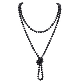 Firstmeet Fashion Glass Beads Rope Knot Long Bead Necklace Versatile 60" Strand Costume Jewelry for Women(XL-1030-Black)