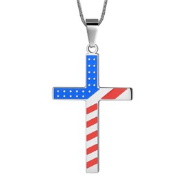 Hipunk Stainless Steel American USA Flag Pendant Necklace - Dog Tag Heart Bible Verse Cross Necklace Religious Pendant Patriot Gifts for National Independence Day Girls Boy Women Men, Stainless Steel,
