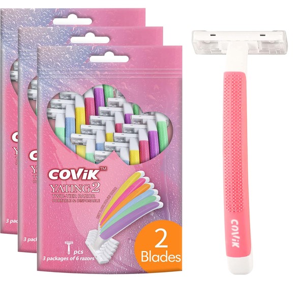 COVIK Disposable Razors for Women, 18 Count Travel Razors for Women, 2 Blade Women Razors for Shaving for Body, Smooth Hair Removal for Sensitive Skin (3 Packages of 6 Razors)