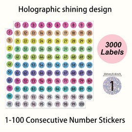 3000 PCS Color Consecutive Number Stickers 1-100, 0.4 inch Small Number Stickers Labels, Self Adhesive Holographic Numbered Sticker Label use for Inventory, Storage, Organizing