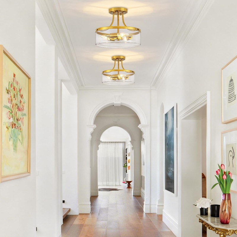 11.81" Brushed Gold Semi Flush Mount Ceiling Light Modern Glass