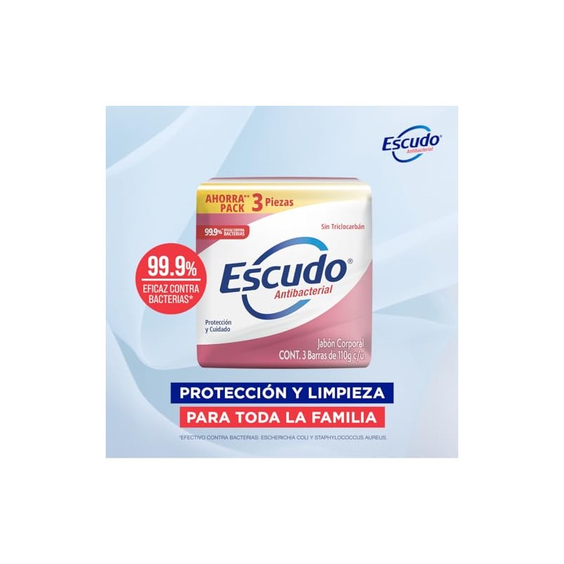 Escudo Antibacterial, Jabón de Tocador Protección con Vitamina E, 3