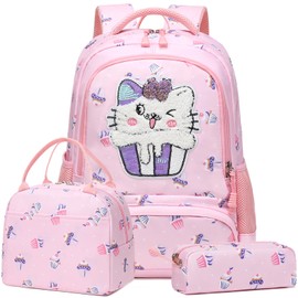 Dafelile Girls Backpack with Lunch Box Girl Bookbag Embroidered Cat Backpacks for Kids kindergarten Water Resistant School Bag (Pink Cat Backpack)