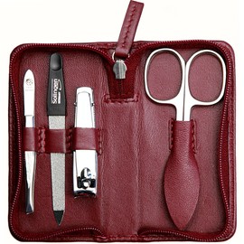 Manicure Set 4-Piece Travel Case - Nail Scissors, Nail Clippers, Nail File and Tweezers - Case Made of Genuine Nappa Lambskin Leather - Manicure and Pedicure (Bordeaux)