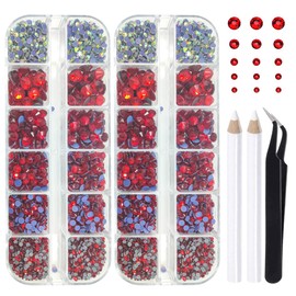 Liliume Hotfix Rhinestones 2 Boxes of 6890 Pieces Red Hotfix Rhinestones and 6 Different Sizes of Round Crystals Glass Gemstones for Costume Jewellery Making