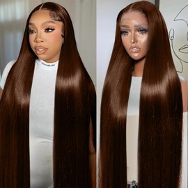 30 Inch Chocolate Brown Lace Front Wig Human Hair 200% Density 13x6 Straight Lace Front Wigs Human Hair Pre Plucked Lace Frontal Wig for Women Glueless Human Hair Wig with Baby Hair Natural Hairline