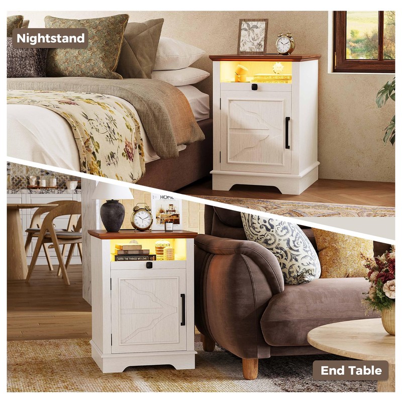 IRONCK Farmhouse Nightstand with Charging Station & 2 USB Ports,