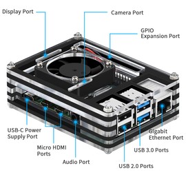 GeeekPi Acrylic Case for Raspberry Pi 4 Model B with 40 x 40 x 10 mm Fan and 4 Heatsinks (Only for Pi 4) (Black and Clear)