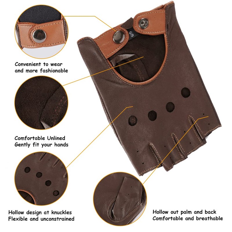 MGGMOKAY Fingerless Men's Half Finger Leather Drivers Gloves, BrownCamel, XL