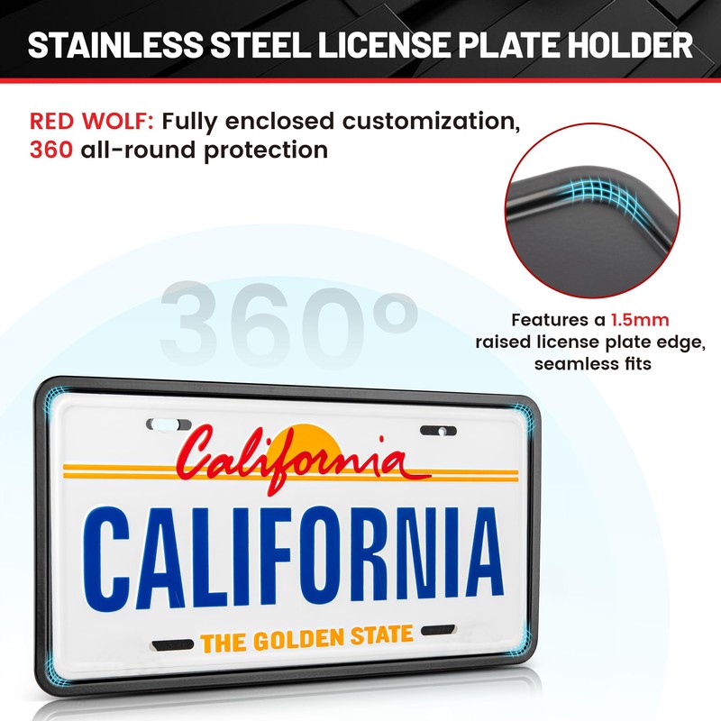 RED WOLF Stainless Steel License Plate Frame Holder Frame Backing