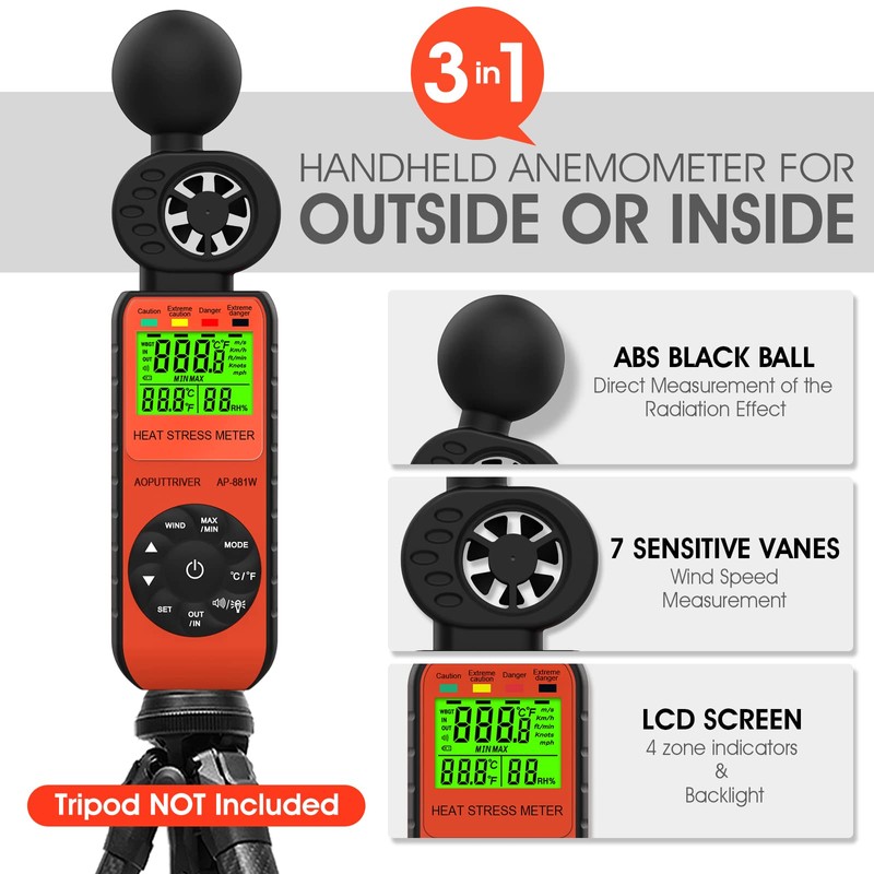 Heat Stress Meter Anemometer, Wet Bulb Globe Heat Stress Meter