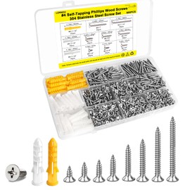 #4 Wood Screws Assortment Kit, Small Screws Set 500pcs, Short Cabinet Screws, Phillips Flat Head Self-Tapping Screws, Small Screws Fasteners, 304 Stainless Steel, Contains 50pcs M6 Screw Anchors