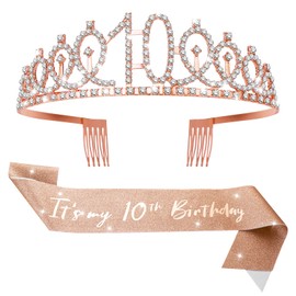 Abeillo 'It's my 10th Birthday' Sash and Tiara for Girls, Rose Gold Birthday Crown 10 & Fabulous Decoration Satin Sash 10th Birthday Gifts for Happy 10th Birthday Party Favor Supplies
