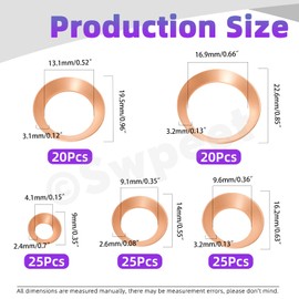 Swpeet 115Pcs 5 Sizes Copper Flare Gasket Assortment Kit, 45 Degree Flare Gaskets for 1/4" 3/8" 1/2" 5/8" 3/4" Copper Pipes Tube, Flare Nuts Plugs Adapters, Air Conditioner Refrigeration Accessories