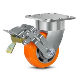 4"x2" Super Heavy Duty Casters- Kingpinless Crowned Polyurethane Tread Aluminum Core Wheel, Rust and Wear Resistant, Capacity up to 1500Lb Per. (1 Brake)