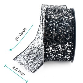 CT CRAFT LLC Sparkling Glitter Mesh Wired Ribbon 2.5" x 20 Yards Black for Christmas Home Decor Bow Gift Wrapping DIY Crafts Wreath